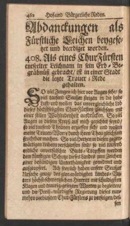 Abdanckungen als Fürstliche Leichen beygesetzet und beerdiget worden. 408. - 417.