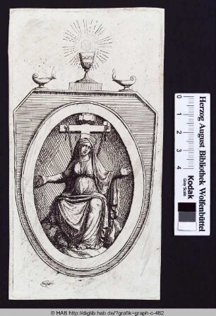 Gerahmtes Bildnis der Maria mit Kreuz, Lanze und Essigschwamm; Darüber ein Kelch und zwei Öllampen