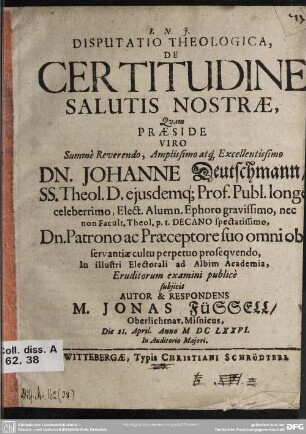 Disputatio theologica, de certitudine salutis nostrae