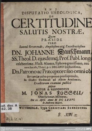 Disputatio theologica, de certitudine salutis nostrae