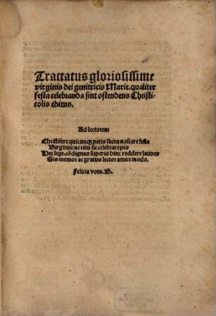 Tractatus gloriosissimae V. Mariae, qualiter festu celebranda sint, ostendens