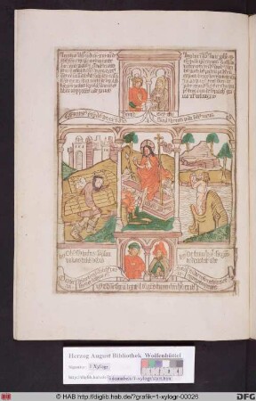 Drei biblische Szenen umgeben von vier Propheten. Links Simson mit den Toren von Gaza, mittig Auferstehung Christi, rechts Jonas wird vom Wal wieder ausgespien.