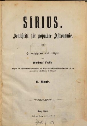 Sirius : Rundschau der gesamten Sternforschung. 1, 1. 1869