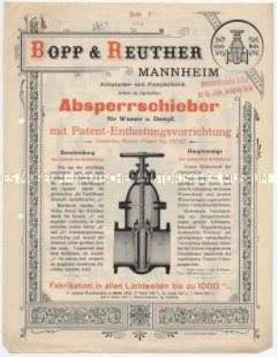 Absperrschieber für Wasser u. Dampf mit Patent-Entlastungsvorrichtung