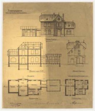 Eisenbahn-Stationsgebäude für kleine Stationen: 2 Ansichten, Schnitt, Wohnung f. d. Stationsbeamten, 1:100