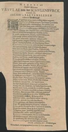 Memoriae Nob(ilissi)mae Matronae Ursulae von der Schulenburck, Generosi, Dn. Jacobi a Bartensleben viduae in Wolffsburgk