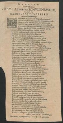 Memoriae Nob(ilissi)mae Matronae Ursulae von der Schulenburck, Generosi, Dn. Jacobi a Bartensleben viduae in Wolffsburgk