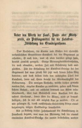 Anhang. Ueber den Werth der Kauf-, Pacht- oder Miethpreise, als Prüfungsmittel für die Katastral-Abschätzung des Grundeigenthums.