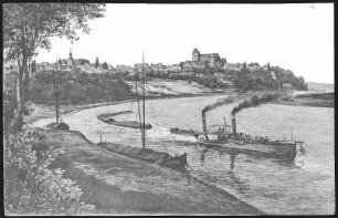 Belgern. Blick auf Belgern-Elbe mit Schleppzug