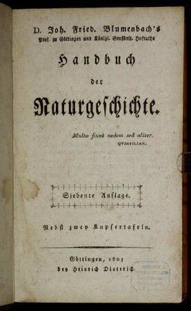 Joh. Fried. Blumenbach's ... Handbuch der Naturgeschichte