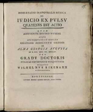 Dissertatio Inauguralis Medica De Iudicio Ex Pulsu Quatenus Est Actio