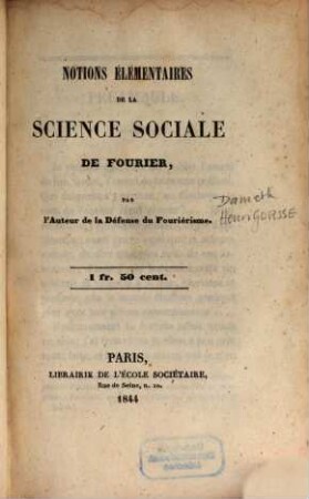 Notions élémentaires de la science sociale de Fourier