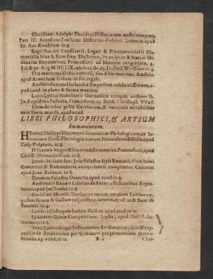 Libri Philosophici, & Artium humaniorum.