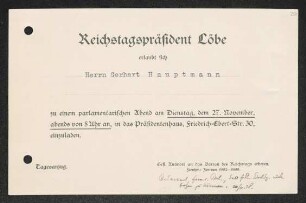 Brief von Paul Löbe von Reichspräsident Deutsches Reich Deutschland an Gerhart Hauptmann