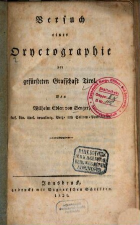 Versuch einer Oryctographie der gefürsteten Grafschaft Tirol