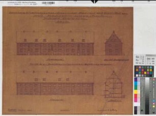 Bocholt (Bocholt) Bauvorhaben Zwischenblock Markgrafenstraße Ansichten, Schnitt 1935 1 : 100 57,5 x 70 Pause Gemeinnützige Wohnstättengesellschaft Münsterland Wohnungsgesellschaft Münsterland