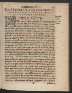 Exercitatio V. De Principii Contradictionis Veritate, Primitate, Et Generalitate. Respond. Johanne Saurio