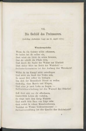 VII. Die Geduld des Freimaurers. : (Lehrling - Aufnahme - Loge am 30. April 1870.)