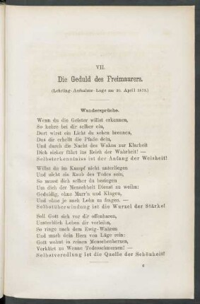 VII. Die Geduld des Freimaurers. : (Lehrling - Aufnahme - Loge am 30. April 1870.)