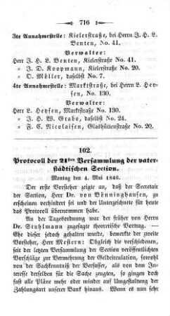 102. Protocoll der 21sten Versammlung der vaterstädtischen Section. : Montag den 4. Mai 1846.