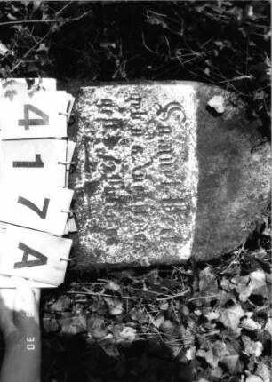 Grabstein 417 (Index: 99792033) Material: Sandstein Zustand: verwittert, Stele liegend Maße HxBxT: 67x33x12 cm Beschreibung: Stele, Sockel, Rundbogenabschluß Besonderheit: Kindergrab: Grabstein 417A