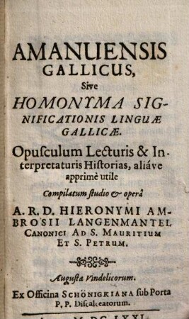 Amanuensis gallicus, sive homonyma significationis linguae gallicae
