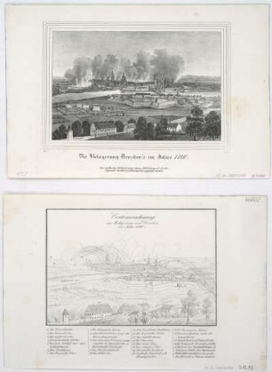 Ansicht von der Belagerung Dresdens im Jahre 1760 nebst Umrißzeichnung Dresdens mit Gebäudekennung, Lithographie, 1835 : ¬Die¬ Belagerung Dresden's im Jahre 1760. - [Dresden] : [Pietzsch] , [1835]. - 1 Kunstbl. : Lithogr. ; 18 x 12 cm nebst: Contourzeichnung zur Belagerung von Dresden im Jahre 1760. - [Dresden] : [Pietzsch] , [1835]. - 1 Kunstbl. : Lithogr. ; 18 x 12 cm. - Mit Gebäudekennung u. handschriftl. Erl.
