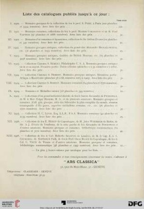 Liste des catalogues publiés jusqu'à ce jour