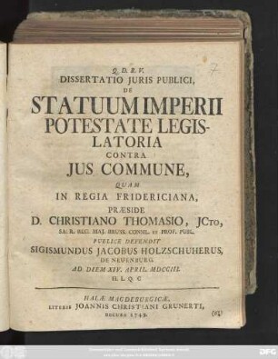 Dissertatio Juris Publici, De Statuum Imperii Potestate Legislatoria Contra Jus Commune
