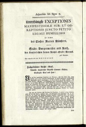 Unterthänigste Exceptiones Manifestissimæ Sub- Et Obreptionis Juncto Petito Legali Humillimo ...