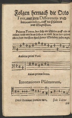 Folgen hernach die Octo Toni, mit iren Differentiis und Intonationibus, auff die Psalmen und Magnificat.
