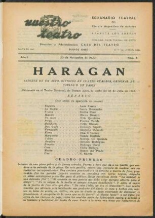 1933000800: Haragan : sainete en un acto, dividido en cuatro cuadros