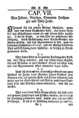 Cap VII. Von Feldern, Gärthen, Gemeinen Huthungen und Vieh-Zucht.