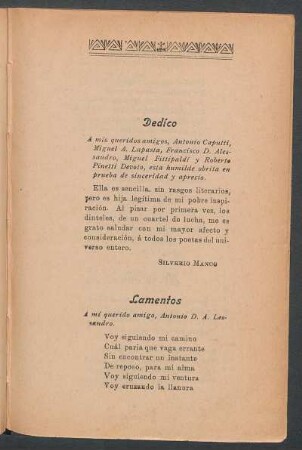 Lamentos : A mi querido amigo, Antonio D. A.- Lessandro.