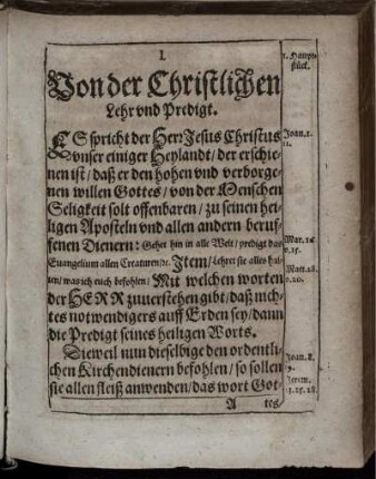 I. Hauptstück. Von der Christlichen Lehr und Predigt