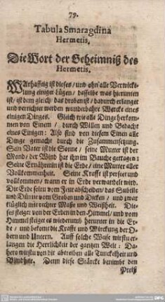 Tabula Smaragdina Hermetis. Die Wort der Geheimniß des Hermetis.