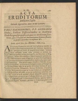 N. IX. [...] Calendis Septembris, Anno M DC LXXXVI.