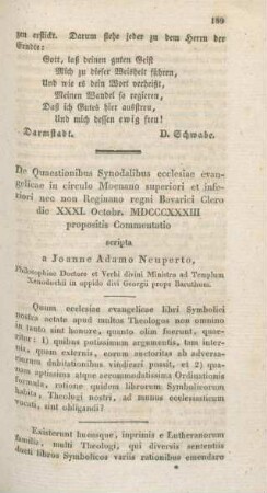 189-195 De Quaestionibus Synodalibus ecclesiae evangelicae in circulo Moenano superiori et inferiori nec non Reginano regni Bavarici Clero die XXXXI. Octobr. MDCCCXXXIII propositis Commentatio