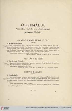 Ölgemälde, Aquarelle, Pastelle und Zeichnungen moderner Meister (Nr. 1-178)