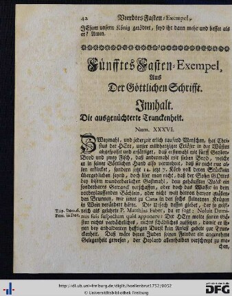 Fünfftes Fasten-Exempel, aus der Göttlichen Schrifft.