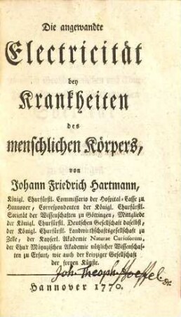 Die angewandte Electricität bey Krankheiten des menschlichen Körpers