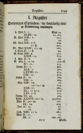 I. Register Derjenigen Sprüchen/ die beyläufig einige Erläuterung empfangen.