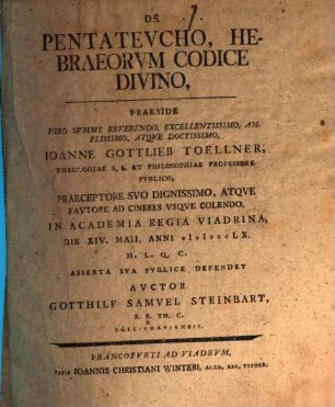 De Pentatevcho, Hebraeorvm Codice Divino