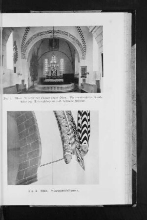 Fig. 2. Ahus. Inneres des Chores gegen Osten. Die transversalen Rundstäbe des Triumphbogens sind teilweise sichtbar. Fig. 3. Ahus. Rippenzwickelfiguren.