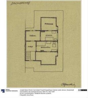 Darmstadt, Projekt Doppelhaus Cabinet, vierte Version, Skizzenblatt mit Grundriss des Dachgeschosses