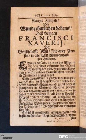 Kurtzer Innhalt/ Deß Wunderbarlichen Lebens/ Deß Heiligen Francisci Xaverij [...].