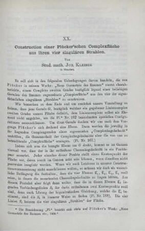 XX. Construction einer Plücker'schen Complexfläche aus ihren vier singulären Strahlen.