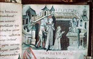 Vita Sancti Martini — Der heilige Martin bittet die Madonna um die Genesung der Tochter des Arborius, Folio 37 recto