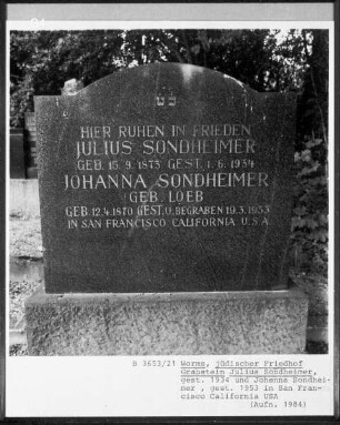 Grabstein von Julius Sondheimer (gestorben 1934.06.01) und Johanna Sondheimer, geborene Loeb (gestorben 1953.03.19)