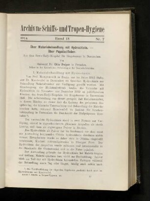 Über Malariabehandlung mit Hydrochinin - Über Papatacifieber
